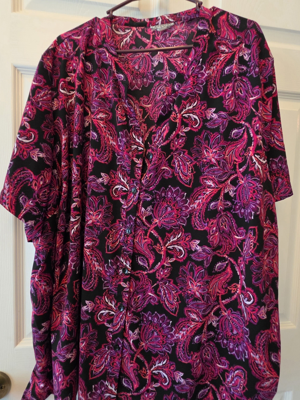 Catherines Black Button-Up Blouse with Pink and Purple Paisley